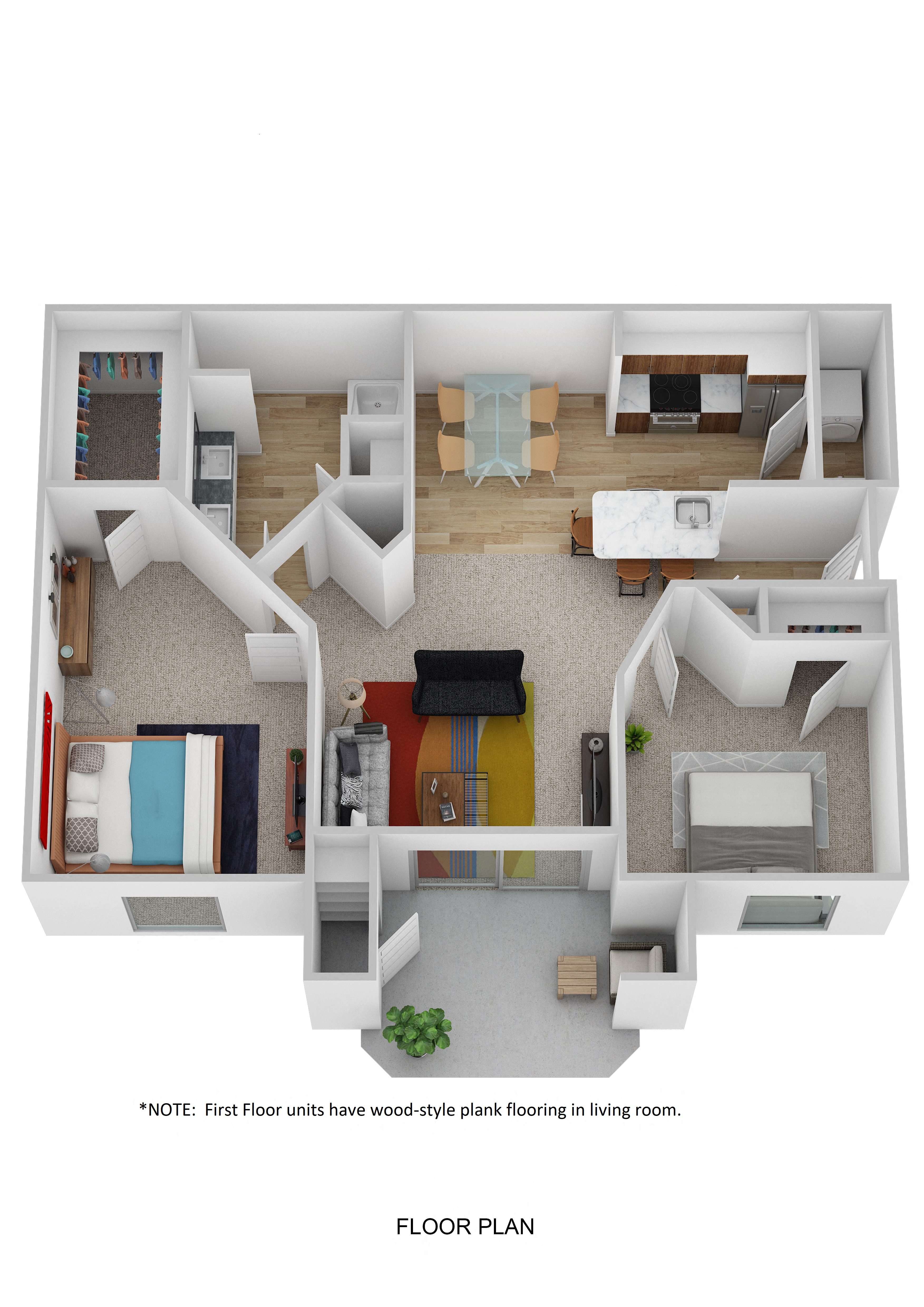 Floor plan for 2 beds, 1 bath, 932 sqft